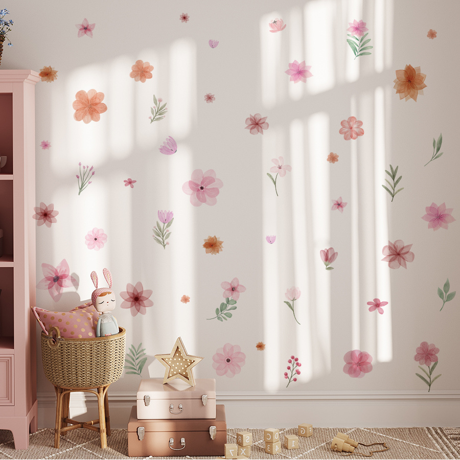 Image of 3 Sheets Watercolor Floral Wall Decals For Girls Bedroom, Removable Pink Flower Vine Stickers, Nursery Wall Decor For Baby Room,self-adhesive Flower Stickers Christmas Halloween