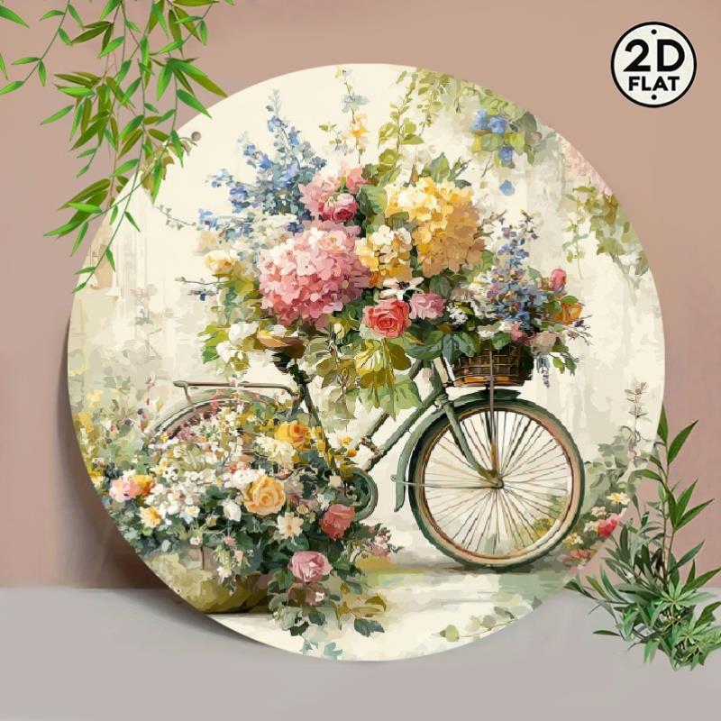 [2d Flat] 1pc 1pcs 1pc 1pcs Retro Vintage Bicycle & Spring Flowers Round Metal Sign - Wall-mountable Sign Suitable For Home Garden Kitchen Cafe Decor - Spring-themed Decoration