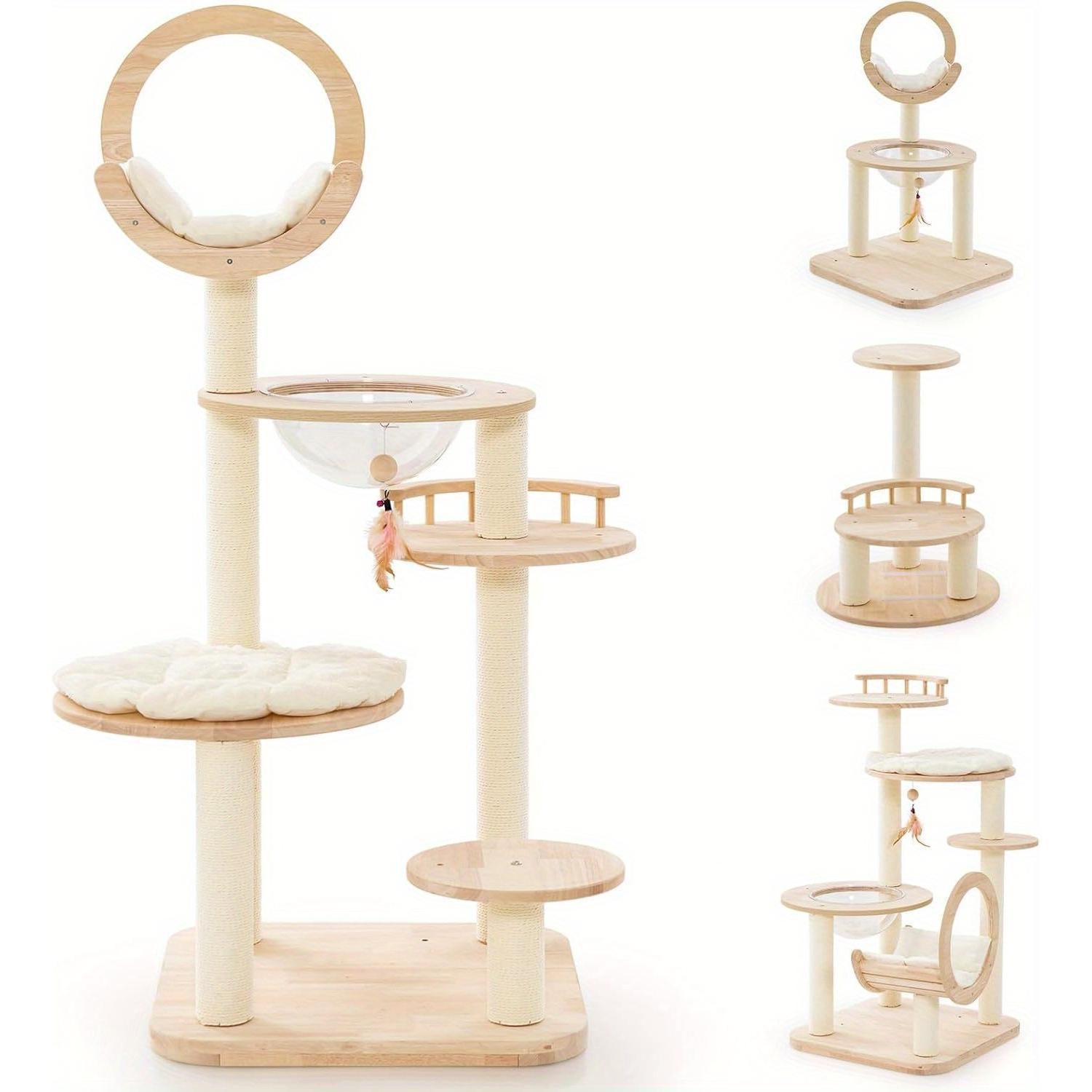 Image of 4 In 1 Convertible Wooden Cat Tree, Large Cat Tower With Condo, And Scratching Post, Kitten Activity Centre With Hanging Toy, 60 X 60 X 146 Cm