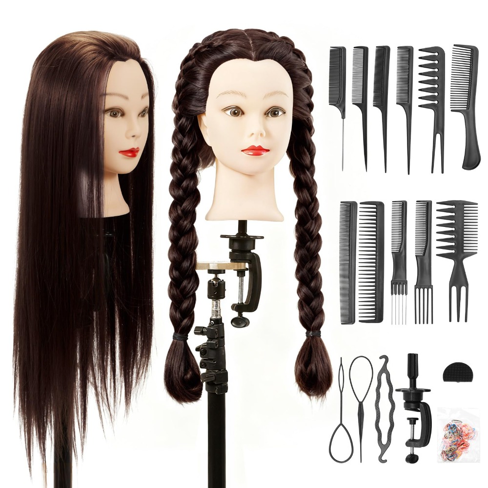 Image of 28-inch Hairdresser Training Head | Dark Brown/brown, With Stand And Complete Set Of Styling Tools For Beginners And Professionals | Brand: Youyijia