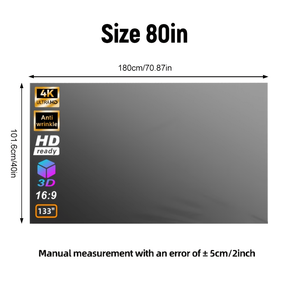 TEMU Pantalla de Proyección 4K HD Antirreflejos de 80/100 Pulgadas con Relación 16:9, Cortina Opaca Antirreflejos Plegable para Cine en Casa, Sala de