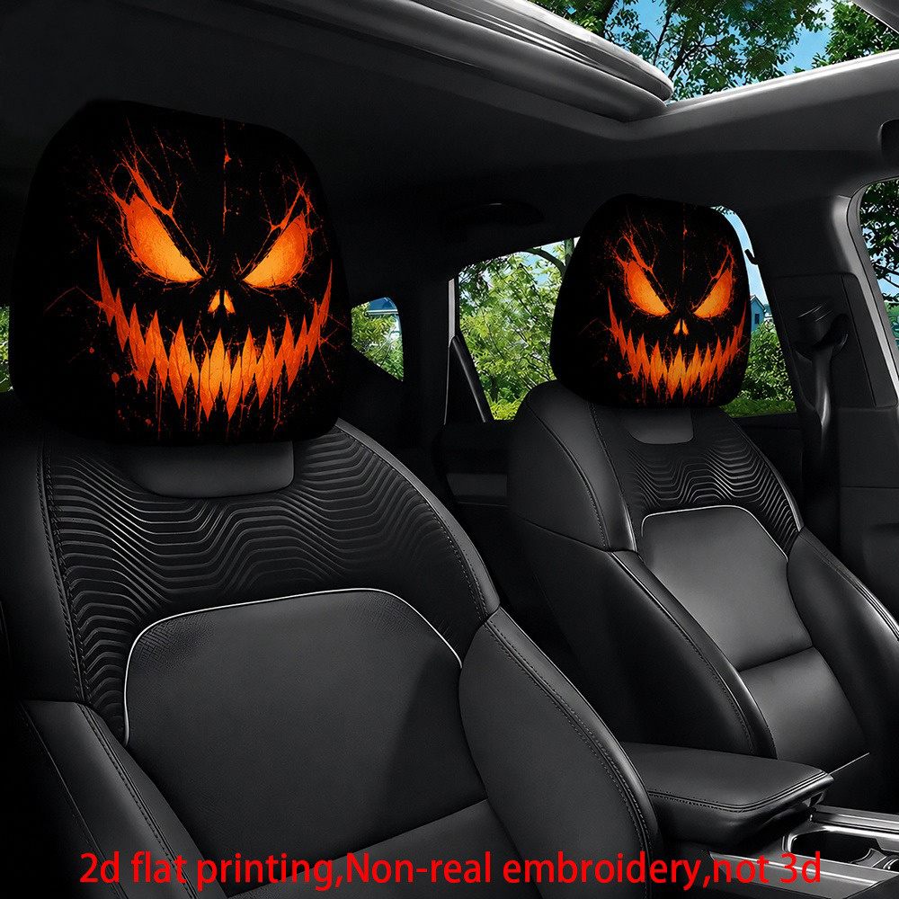 TEMU 2pcs 2pcs Headrest Covers Suitable For Vehicles, Cracked-pattern Horror Pumpkin Lantern Print Headrest Protectors, & Remove, Washable For, Car