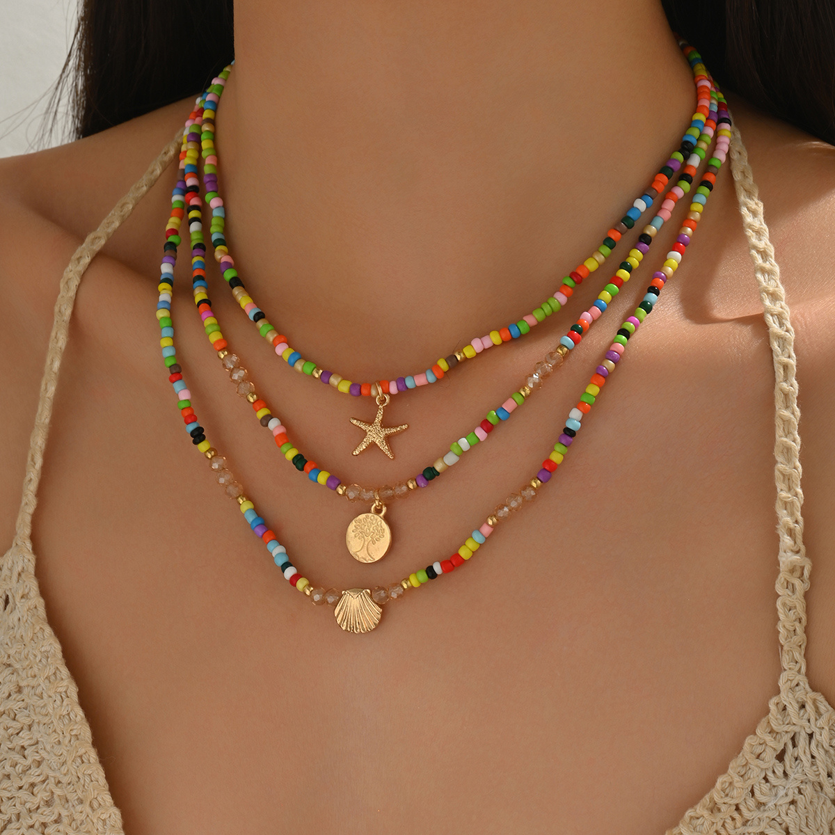 3pcs womens fashion necklace summer beach vacation golden seashell   pendant multicolor rice beads beading multi strand necklace bohemian style multicolor round beads multi layer stackable necklace set glass material