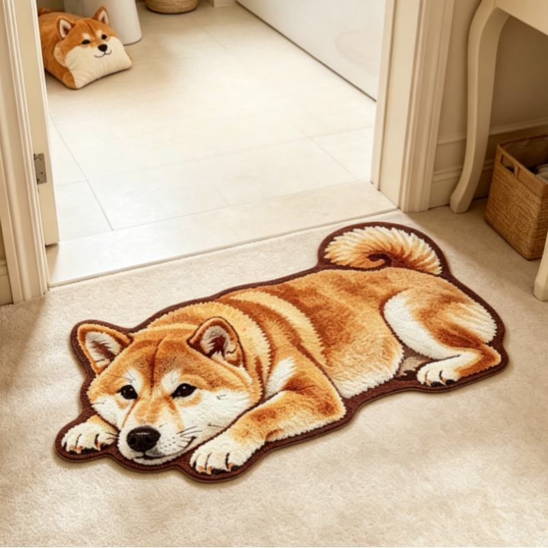 TEMU Imitation Cashmere 900g + 9mm 2d Flat Cute And Soothing Style Warm Brown And White Lying Inu Plush Irregularly Shaped Rug, Simulated Lazy Inu
