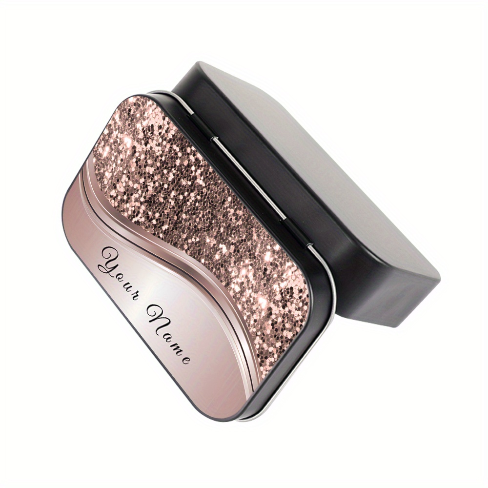 TEMU 1pc Personalized Custom Simulated Glitter Name Text Metal Hinge Tin Box, Mini Portable Small Decorative Box, Snap Closure Rectangular Storage