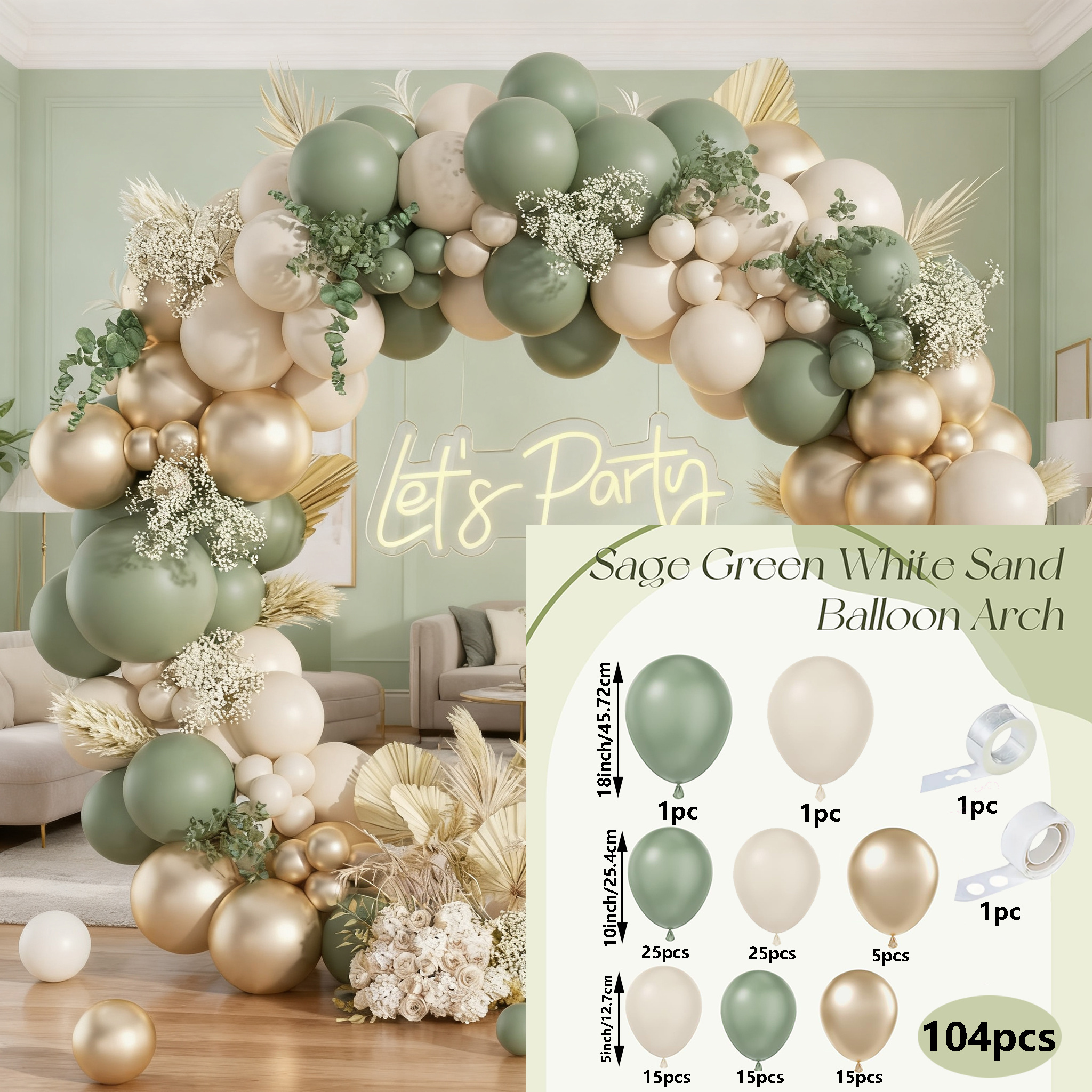 104pcs Sage Green Garland Arch Kit, 18/ 10/ 5inch Sage White Balloons, For 60th Birthday Theme Party Decoration Supplies, Decorations, Venue Layout, Studio Equipment, Photography Props