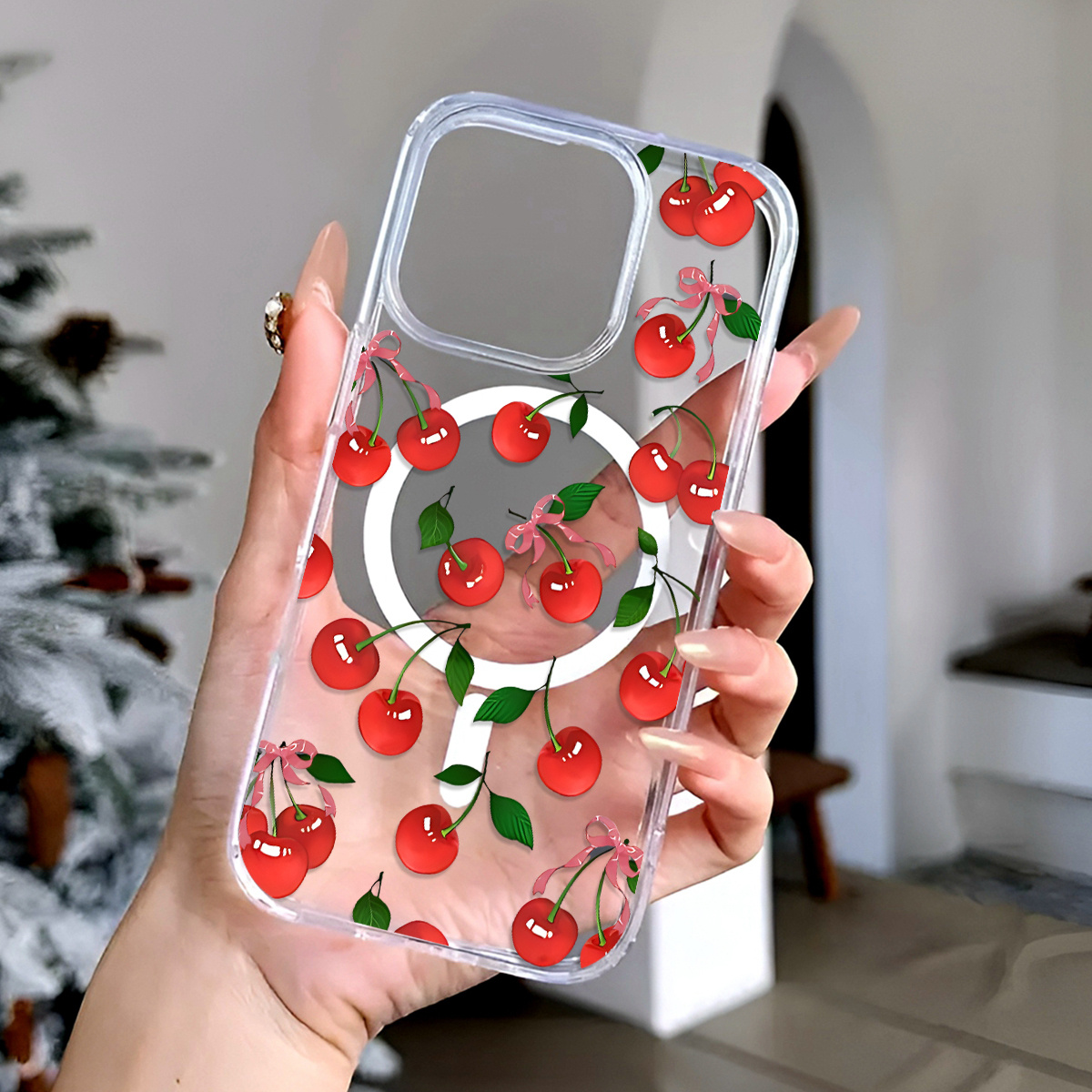 Alluring Cherry Fashion Pattern Design Mobile Phone Case Suitable for iPhone 16 Pro Max Cases 16Pro 16Plus 16Case 15Case 15ProMax 14Pro 14Plus 13Pro 12Pro 11, Shockproof Magnetic Wireless Charging Acrylic Transparent Mobile Phone Case Accessories