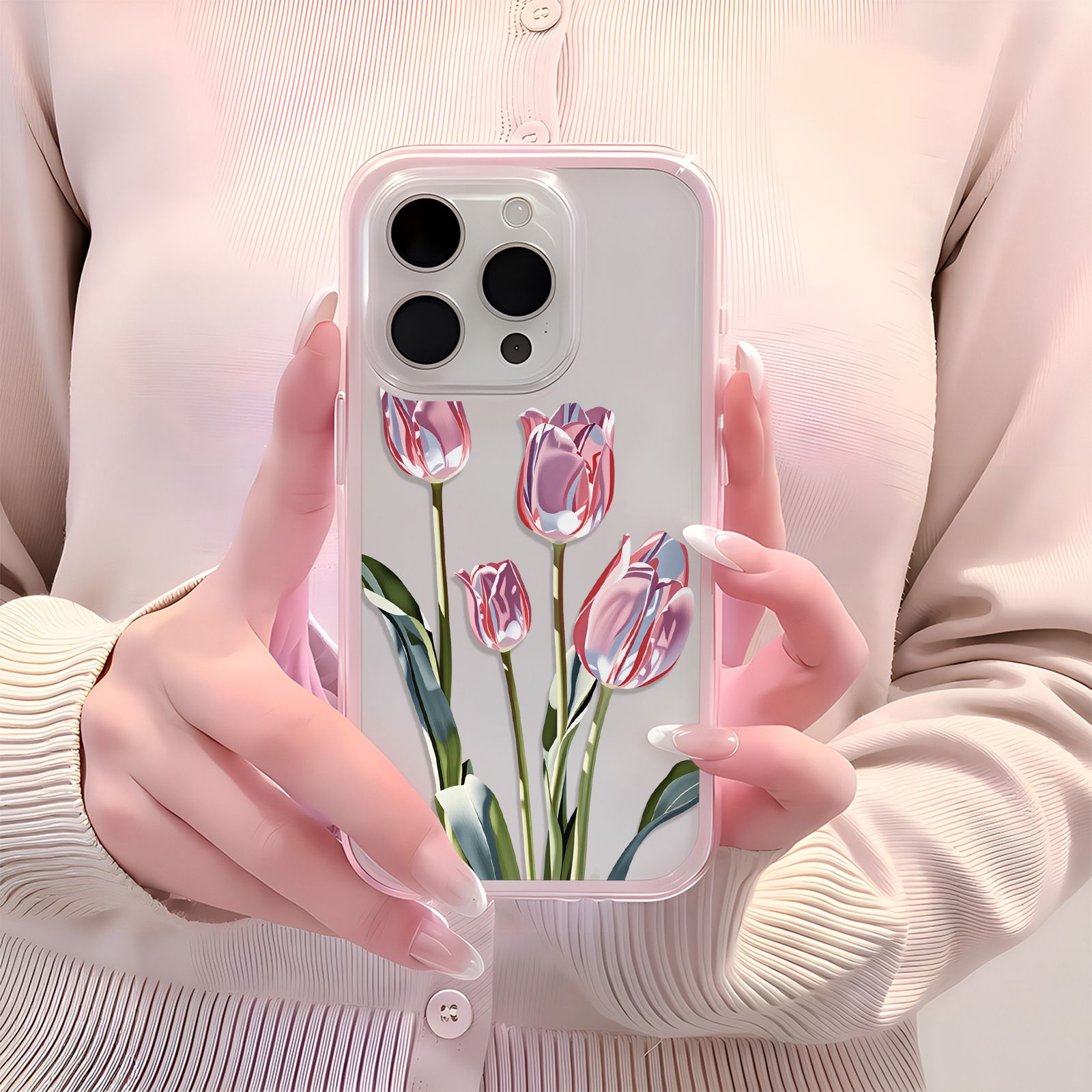 Etui za telefon - Prozoren etui za telefon z motivom rožnatega tulipana, primeren za iPhone 17 Pro Max, 17 Pro, 17 Plus, 17, 16 Pro Max, 16 Pro,