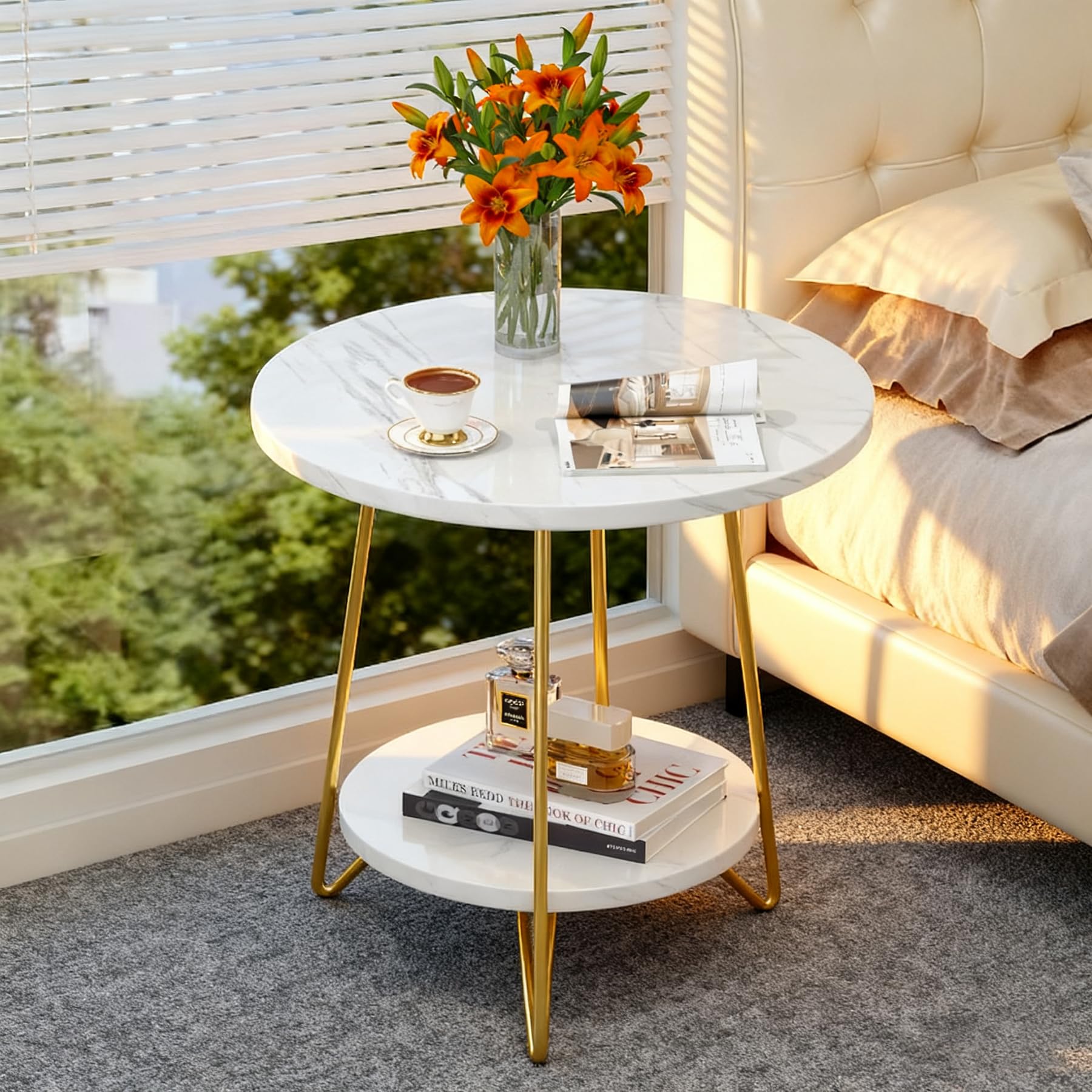 2-tier Round Side Table, Marble End Table With Shelf, Small Golden Accent Nightstand For Living Room, Bedroom Or Couch Side, White And Golden
