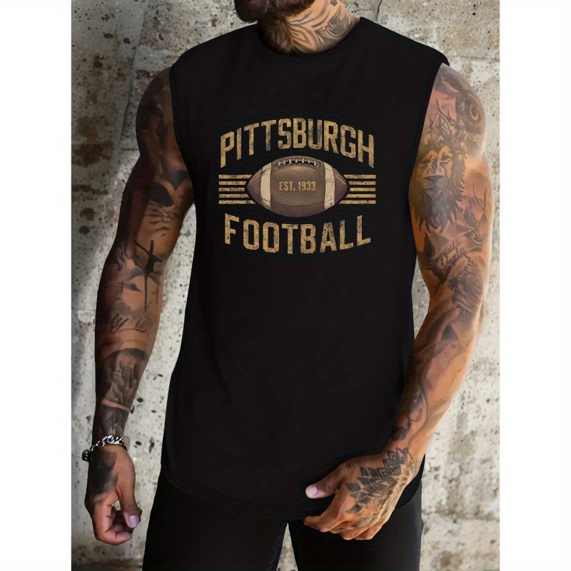 

Breathable Plus Size Men's Tank Top With Vintage Pittsburgh Football Print - Comfy Sleeveless Sports & Fitness Shirt For Big & Tall Guys, Machine Washable, Plus Size