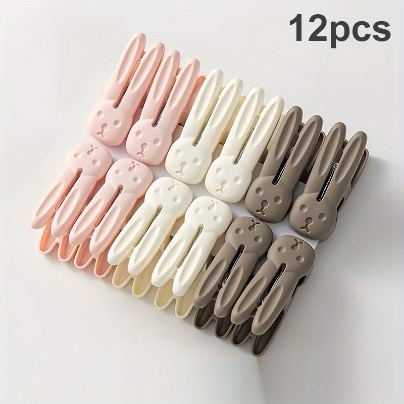 Image of 12pcs -functional Cute Rabbit Shaped Clothes Pins - Premium No-mark Non-slip Windproof Fixed Cartoon Clips - Dopamine Towel Clips - Dorm Anti-drop Durable Strong Clips, Clothes Pins