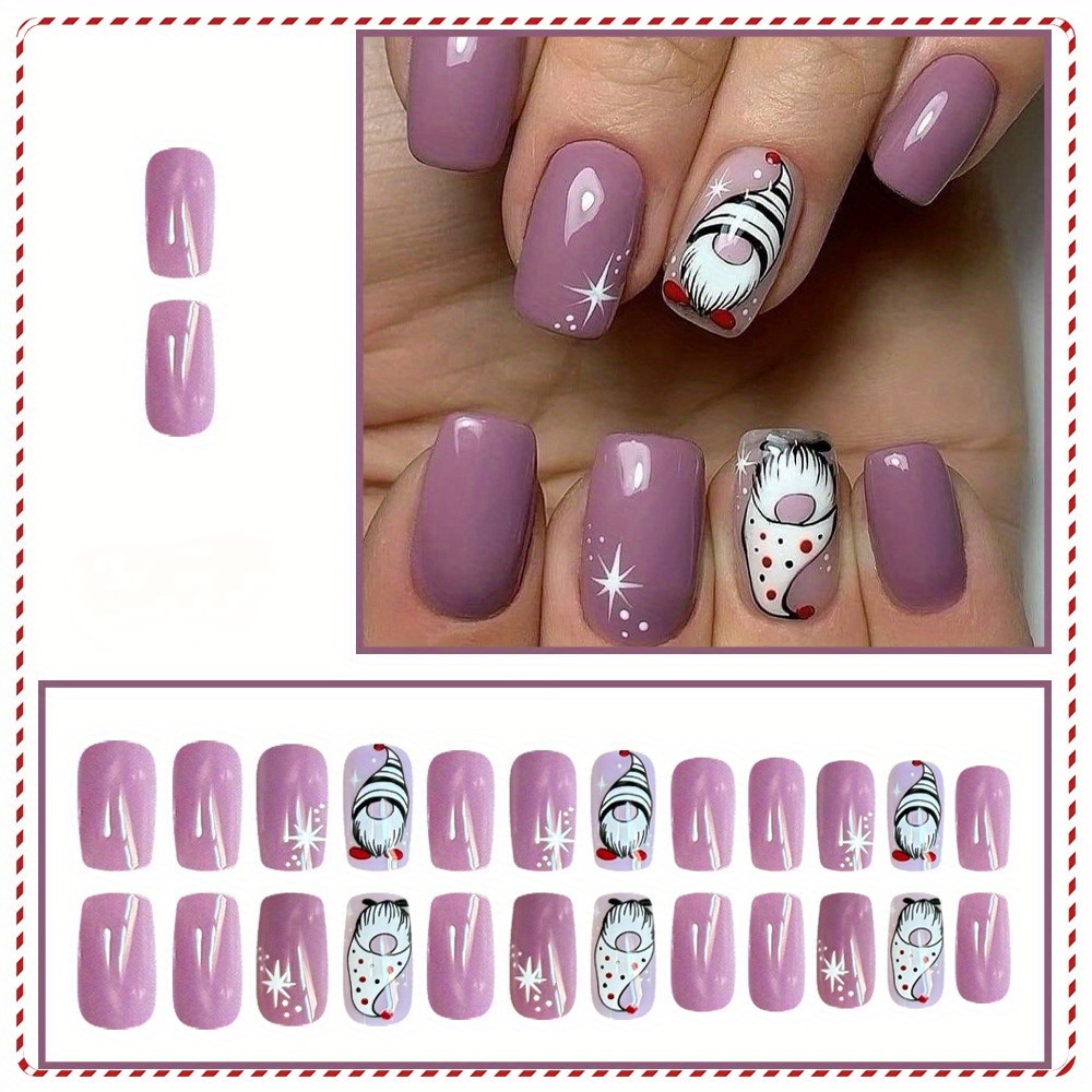 TEMU 48pcs Of Christmas Chinese Bright Purple Santa Claus Snowflake Fake Nails European And American Nail Art Pieces