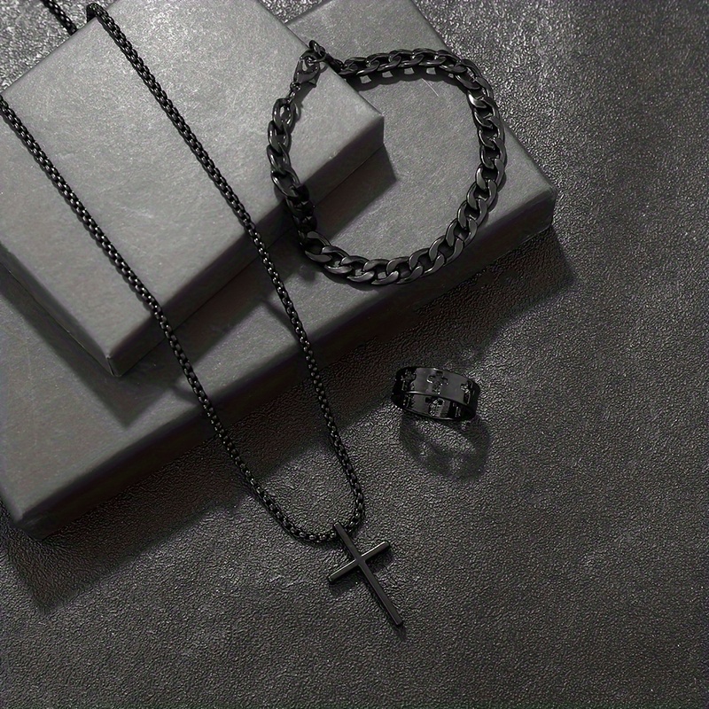 Conjunto de 3 piezas de joyería de hip-hop para hombres - Estilo elegante con brazalete, collar y anillo, diseño negro y blanco - Regalo ideal para novio/esposo
