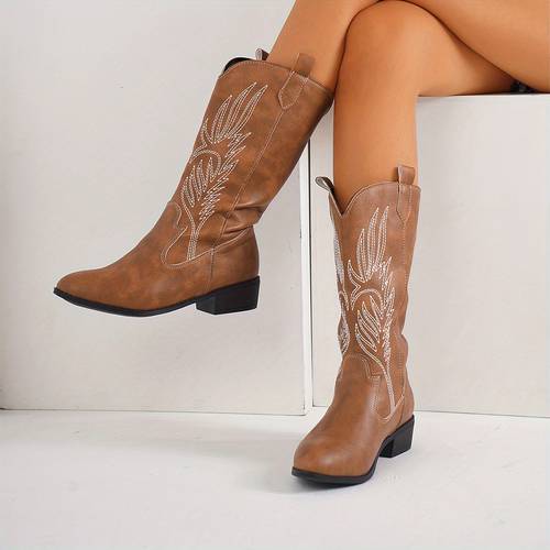 womens slip on western boots with round toe heel light brown booties suitable for music festivals travel casual wear comfortable shoes women shoes