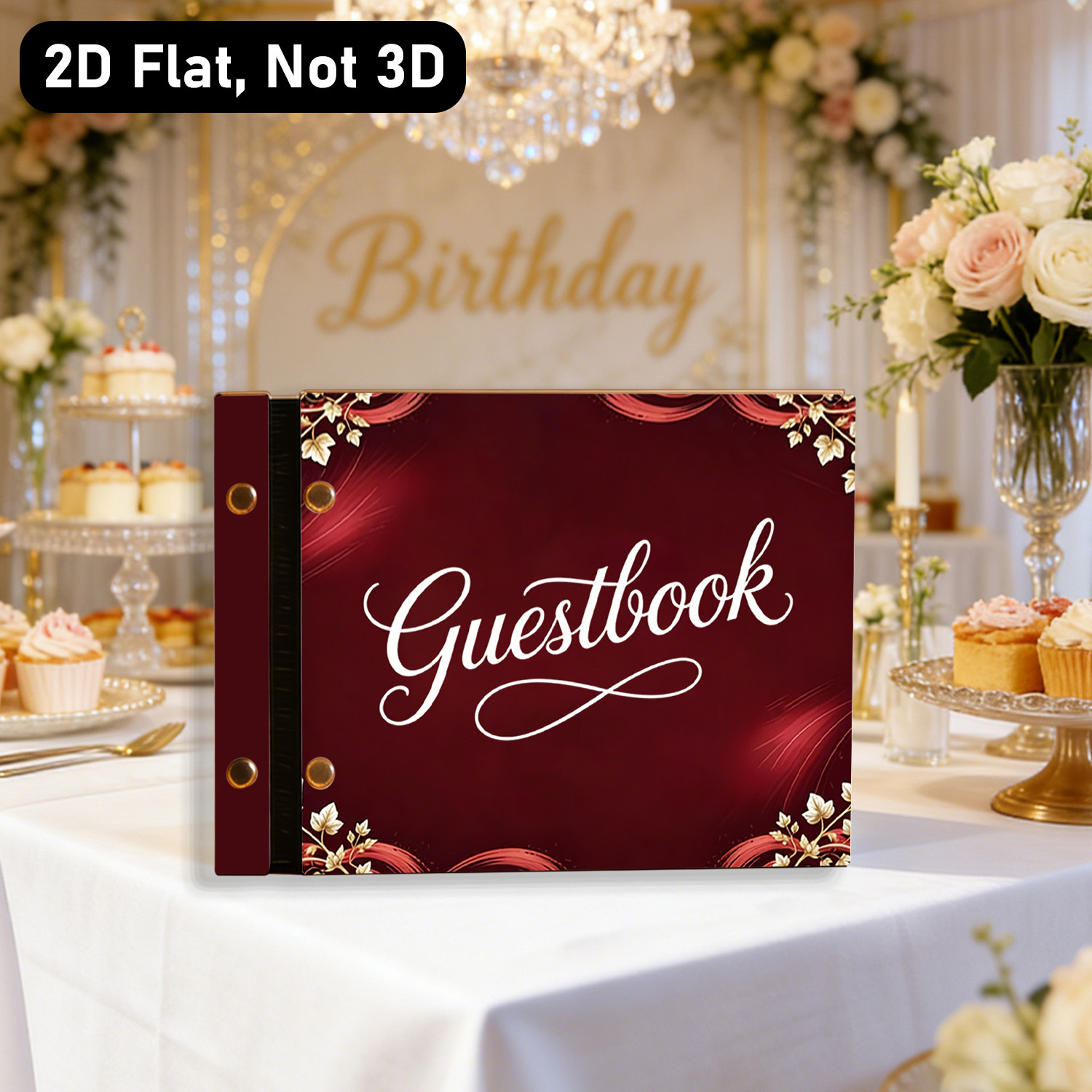 TEMU 1 Set Wooden Guest Book, 40 Pages, 2d Flat, Not 3d, Burgundy Background With Golden Floral & Wave Pattern, White 'guestbook' Design,