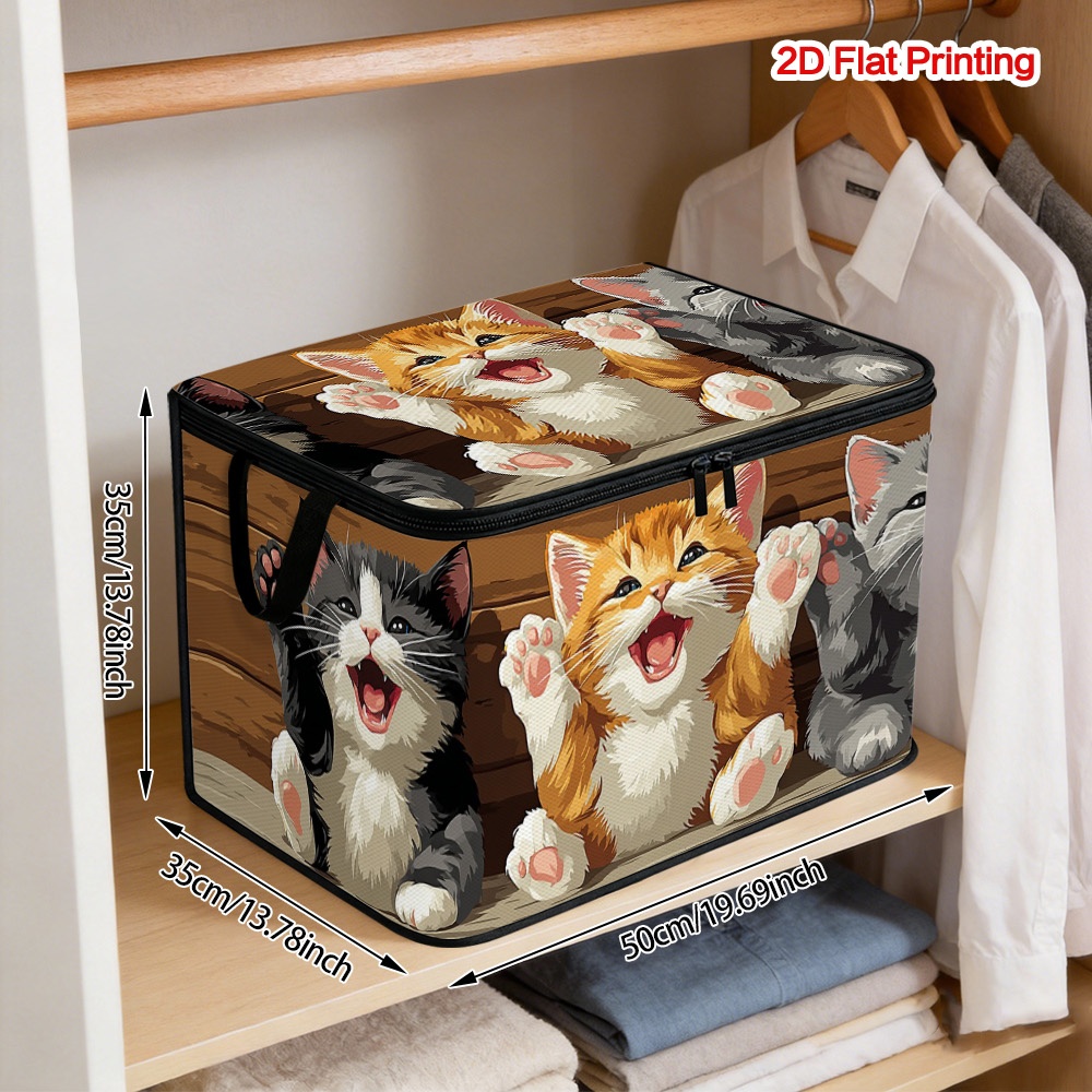 TEMU 1pc 3 Happy Kittens Print Storage Box - Foldable Organizer With Soft Fabric Lidded Storage Bins Large Capacity, Durable Polyester Fabric,