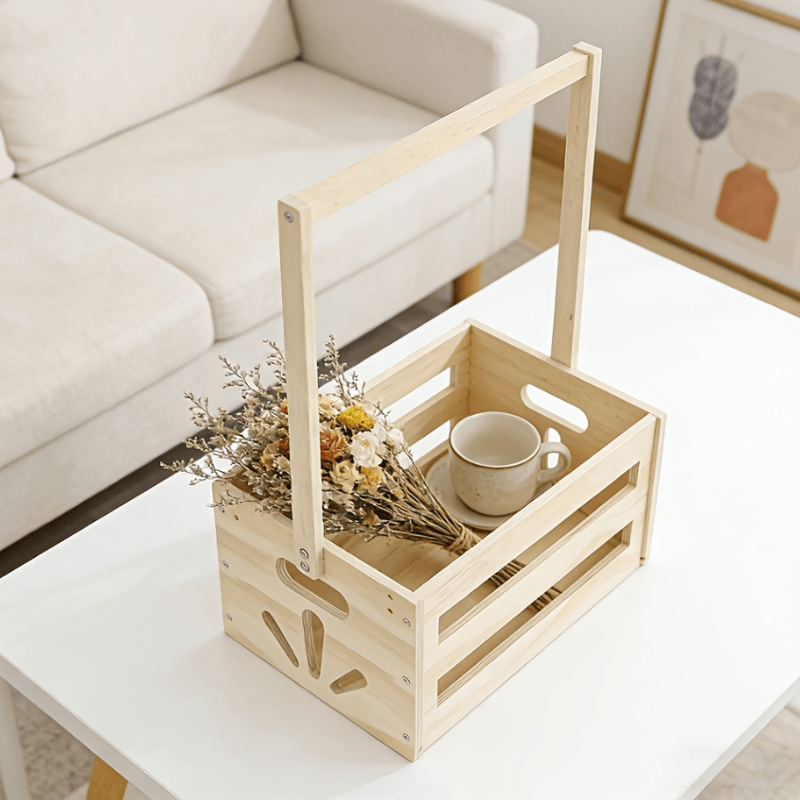 TEMU 1pc Wooden Storage Crate With Handle Storage Basket Diy Assemble Wooden Tote Box Wooden Organiser For Home Picnic Decor, Shelf Baskets