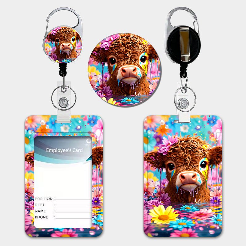 TEMU Cute Printed Colorful Flower Pattern Id Card Holder In Pink, Blue, And Yellow Mixed Colors. Fun Cartoon Style Id Holder Comes With A Retractable