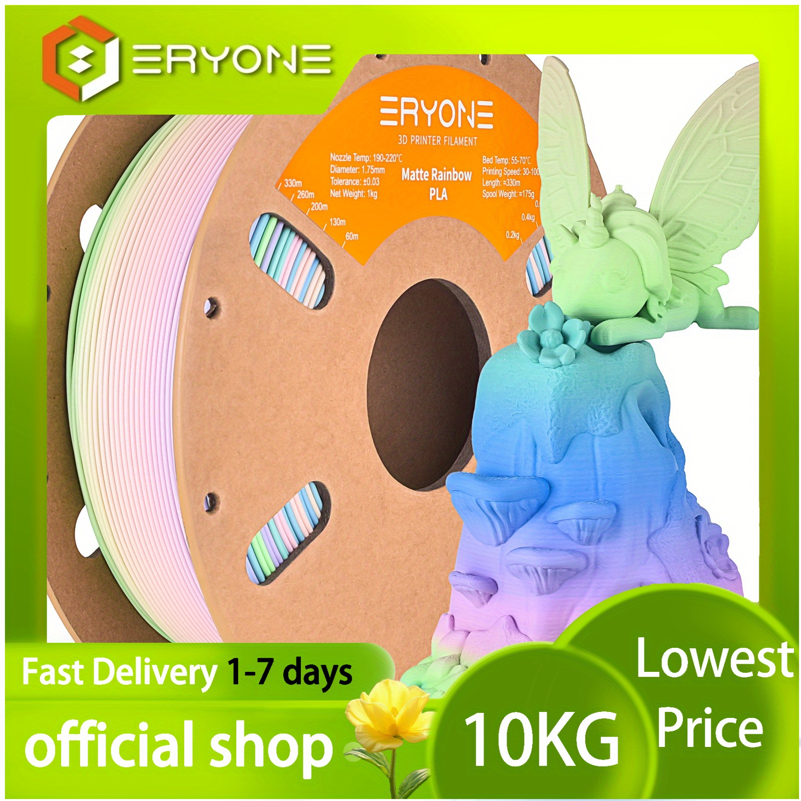 Image of Eryone 10kg Pla Matte Rainbow 3d Printing Supplies Filament For 3d Printer, 1.75mm +/ -0.03mm