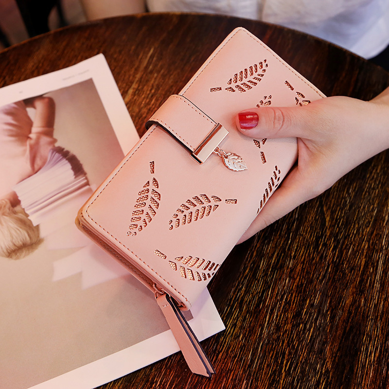 TEMU 2026 New Women's Wallet Sweet And Elegant Pu Horizontal Zipper Medium-long Hollow Leaf Coin Purse
