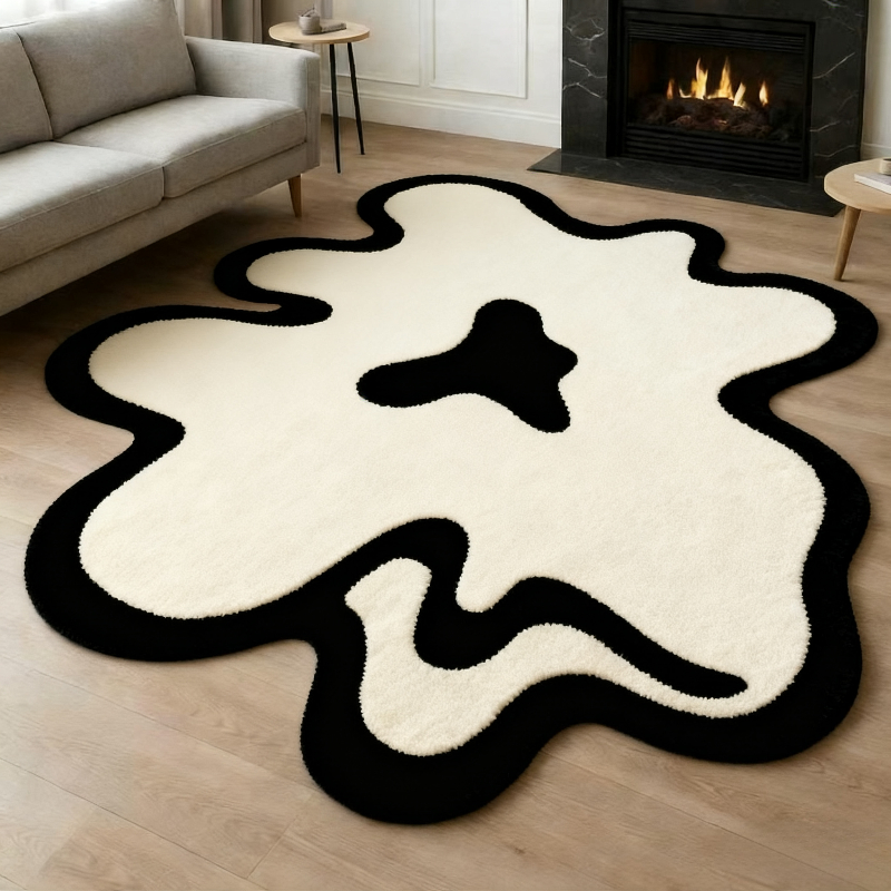 TEMU Product: Floor Mat, 850g/mÂ², Ins Style Minimalist Abstract Living Room Decorative Rug, Black And White Irregular Shape, Bedroom Plush Carpet,