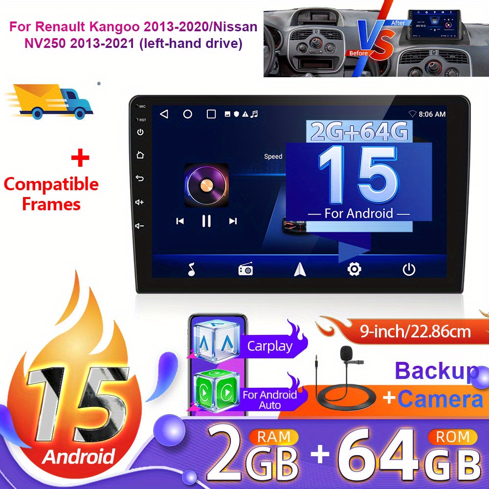 Image of 2+64g 9 Inch 15 Car Radio For Renault 2013-2020/ 2013-2021 (left-hand Drive) (frame Included) With Rear View Camera, Hd Touchscreen Radio With Auto Wifi Gps Eq Swc Fm And Canbu