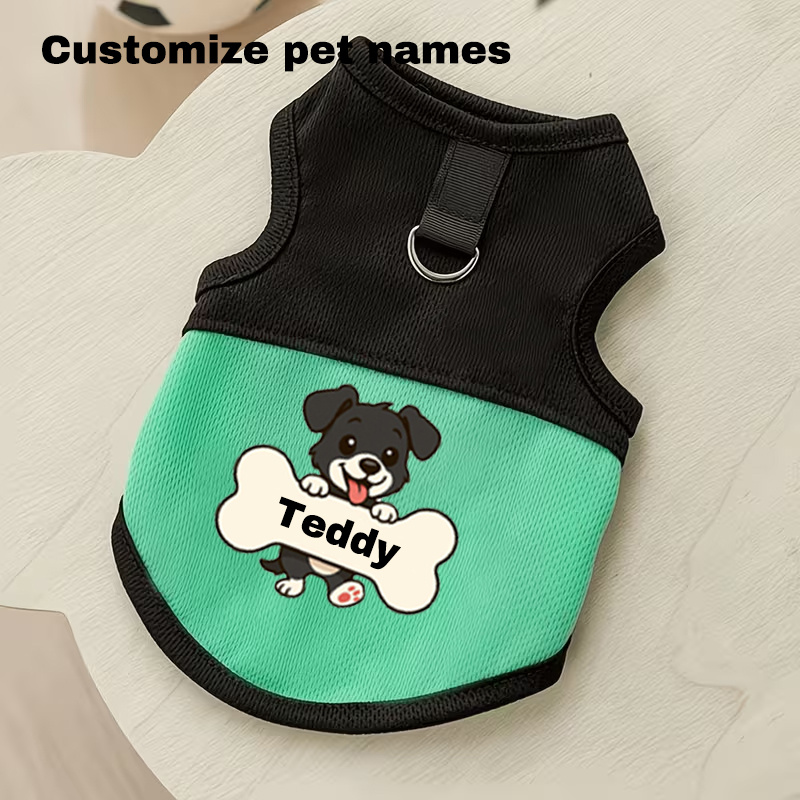TEMU Personalized Name Vest, Cute Cartoon Puppy And Bone Print Mesh Pet Vest With Leash Ring, Customizable Clothing For French Bulldog, Teddy,
