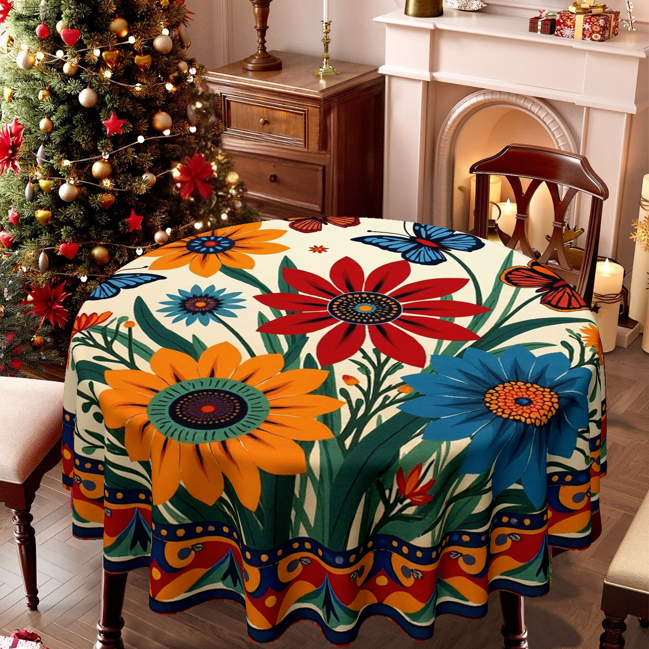 TEMU 1pc Mexican-style Round Tablecloth With Turquoise Blue, Orange, Pink, Red, Yellow, Green, Black & White Marigold Floral & Print - Durable Fabric