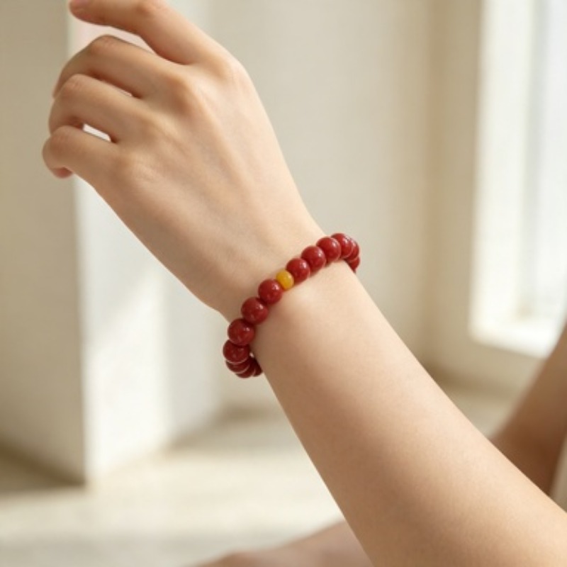 Chinese Style Red and Yellow Bead Stretch Bracelet for Women