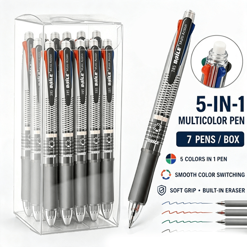 TEMU 7pcs/-in-1 Non Erasable Neutral Pen, 1 Pen Containing Black, Red, Green, Blue+0.5mm Lead Core, Smooth Writing, Suitable For Students, Office
