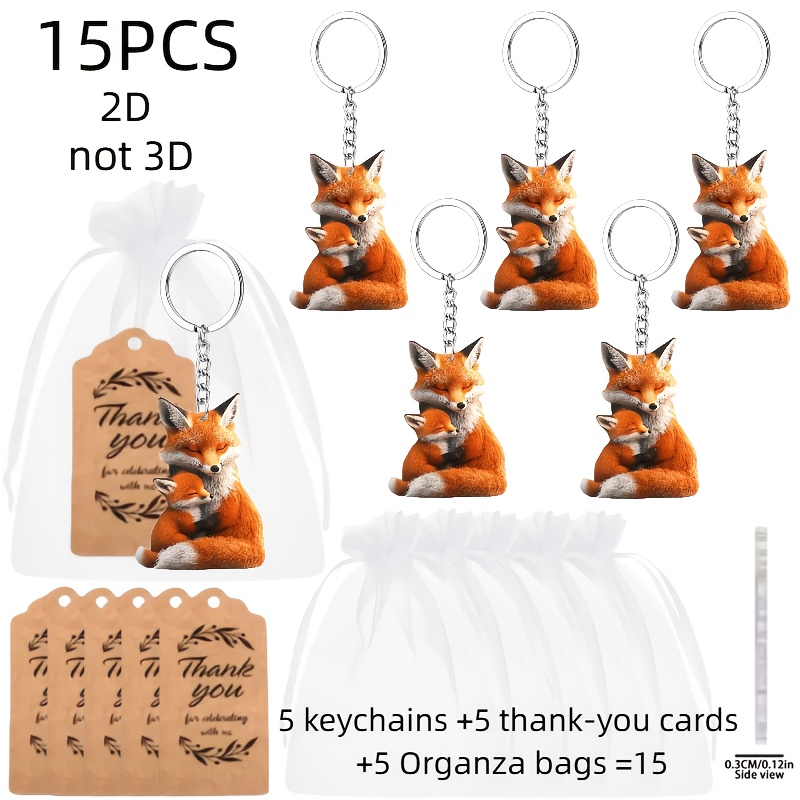TEMU 2d Flat, 15pcs Keyring Packs, Fox Keychain Gift Set - Includes 5 Acrylic Keychains With 2d Designs + 5 Thank You Cards + 5 Gift Organza Bags,
