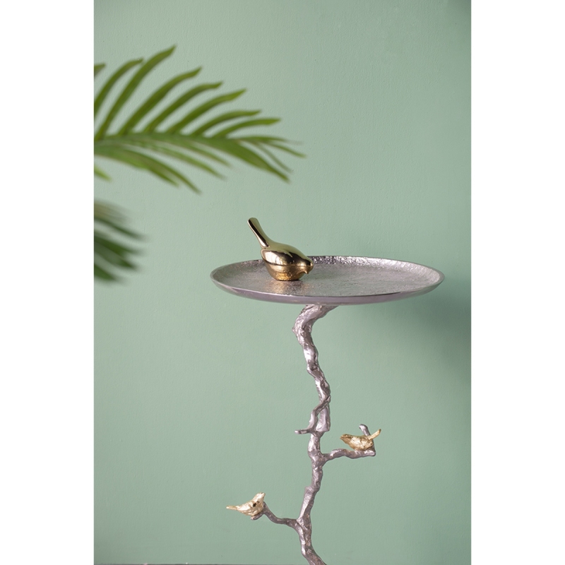 16.9x16.9x28' Round Aluminum Side Table with Sier Branch Design and Golden Bird Accents