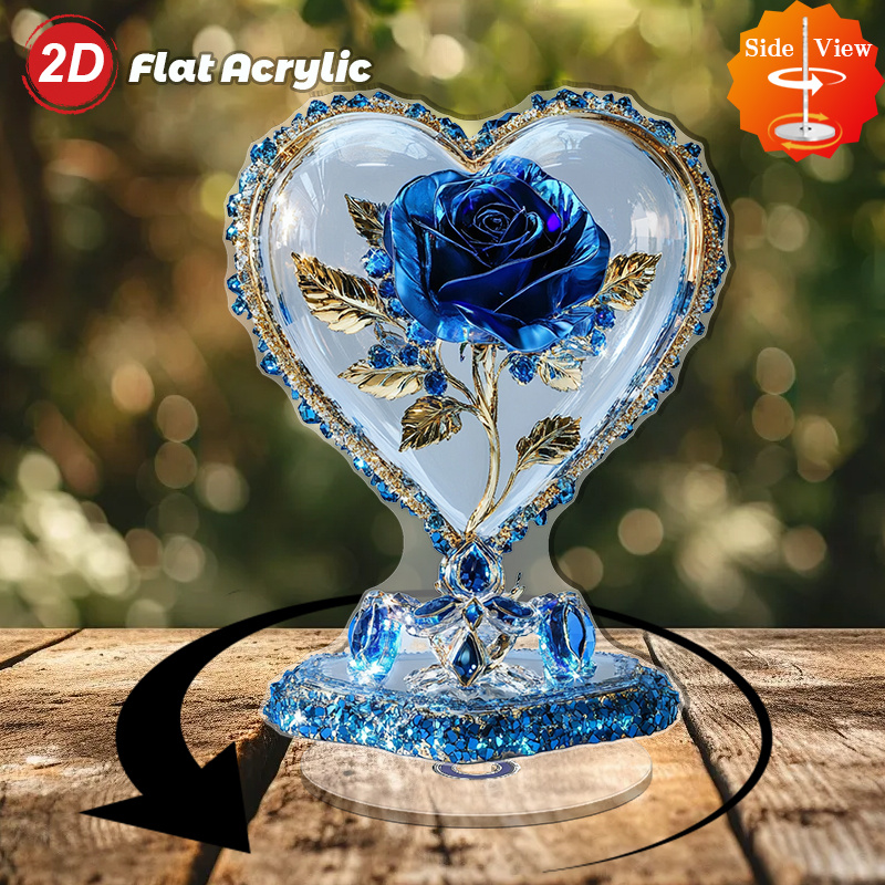 TEMU 2d Flat 2d Design, 1pc Acrylic Rotating Desktop Ornament, - Heart-shaped Glass Ornament With Blue Roses And Crystal Accents
