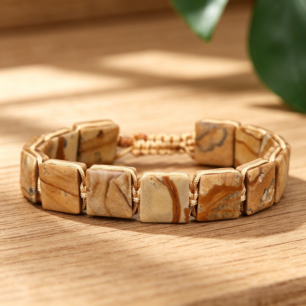 TEMU 1pc Natural Yellow Wood-grain Stone Bracelet, Bohemian-style Hand- Bead Bracelet, Yellow Wood-grain Bead Bracelet, Vintage Fashion Unisex,
