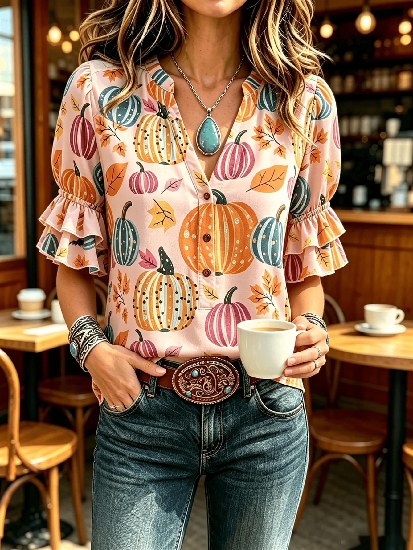 womens   leaf print v neck henley blouse puff double ruffle short sleeve casual fall thanksgiving tops