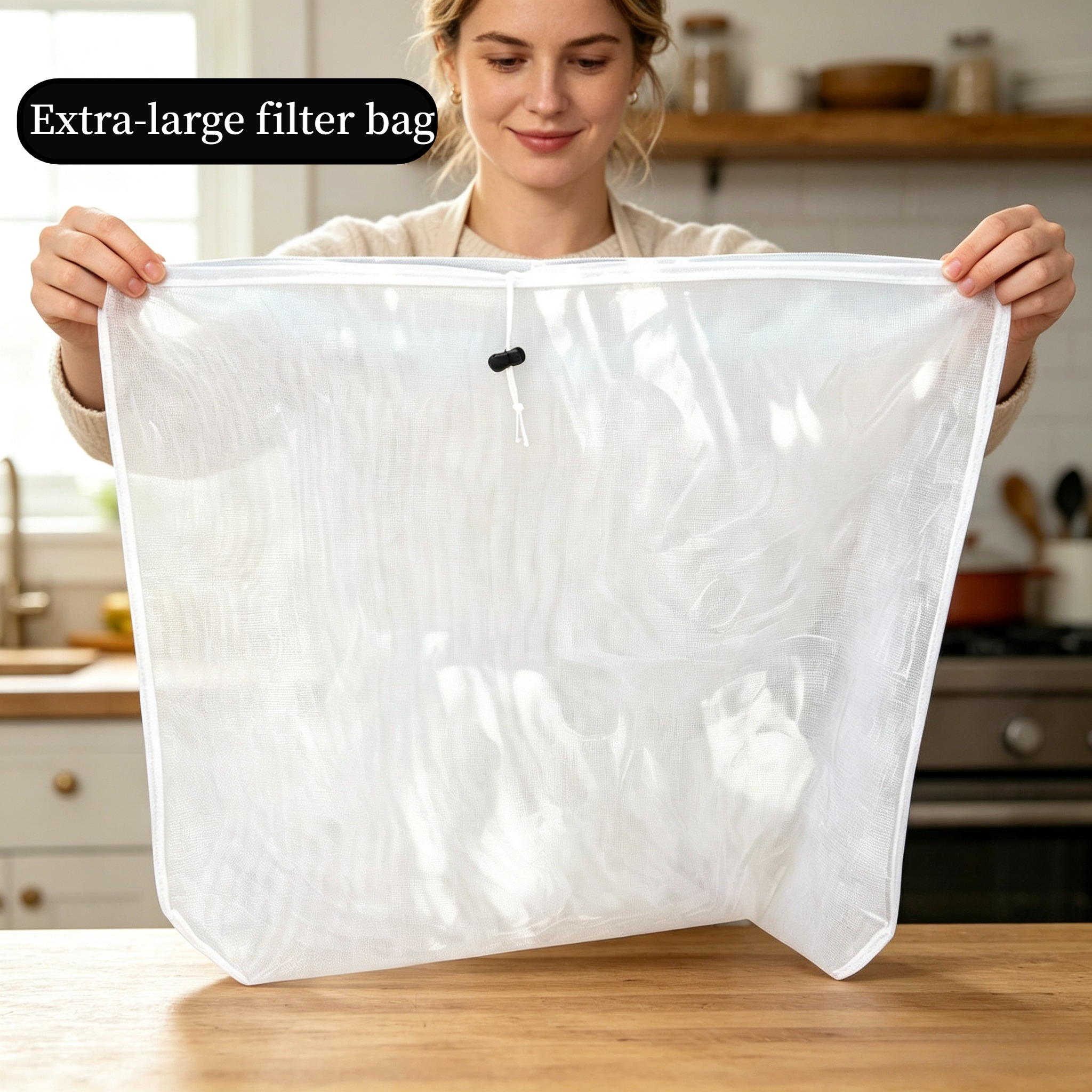 TEMU 1 Pack Large Honey Filter Bag 26"x22" (66x55.5cm)/26"x26.2" (66x66.5cm), Fine Mesh Strainer Bag With Black Closure, Reusable Washable Beekeeping