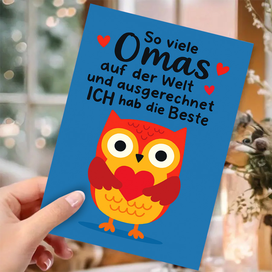 1pc Greeting Card For Grandmothers - Perfect For Birthdays, Grandparents' Day, Or . Features A Cute Owl Holding A Heart With A Loving German Message