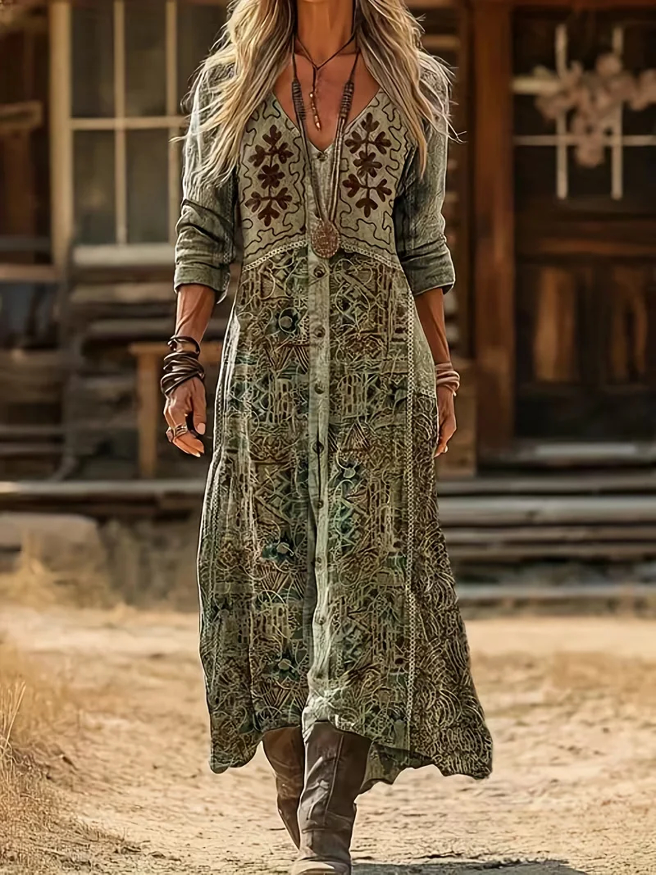 knee length dresses for ladies Light Brown Long Sleeve Boho Wedding Dress Rustic Wedding Dress WD741 US2 / Custom Color main image 1