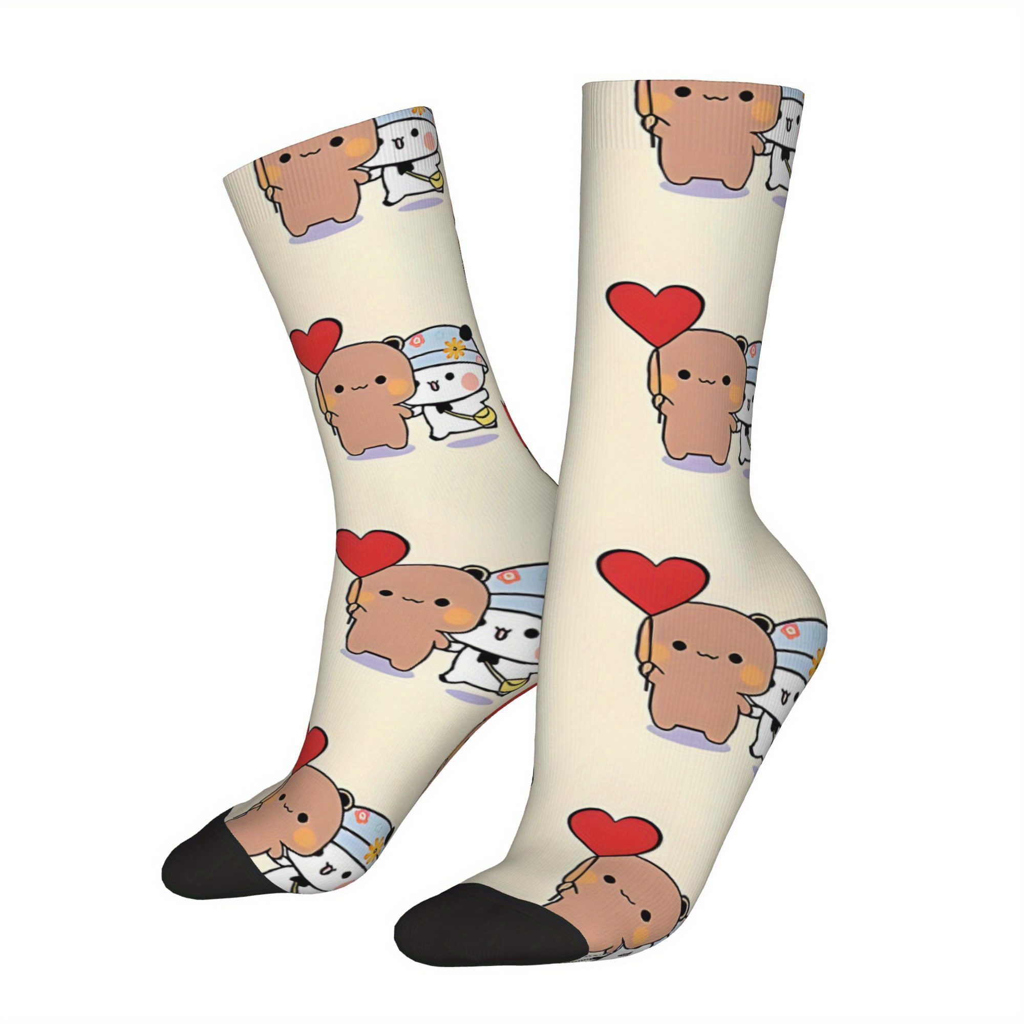 

1 Pair And Dudu Love Heart Pattern Crew Socks, Polyester 95%, Spandex 5%, Hand Washable, Knit Fabric, Novelty Retro Hip Hop Crazy Socks