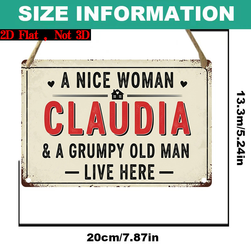 E-shop 2D Flach, 1 Stück VBUAHNY "Eine Frau Claudia & mürrischer alter Mann " Schild - Vintage Hausplakette mit Namen Claudia & mürrischer alter Mann,