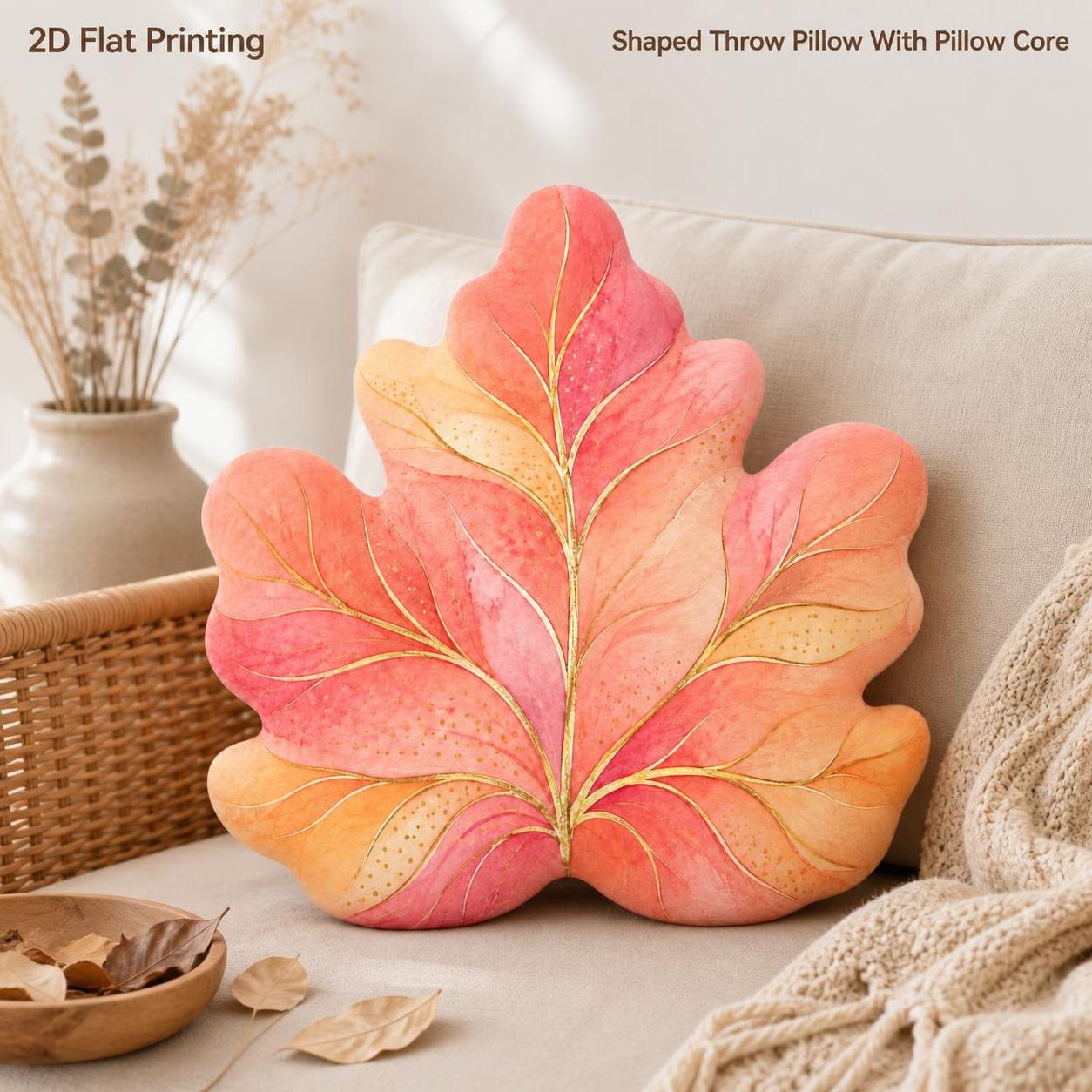 TEMU Coral Autumn Oak Leaf Fall Lovers Gift 2d Flat Printing Shaped Stuffed Throw Pillow Decorative Cushion For Bedroom Sofa Living Room Autumn