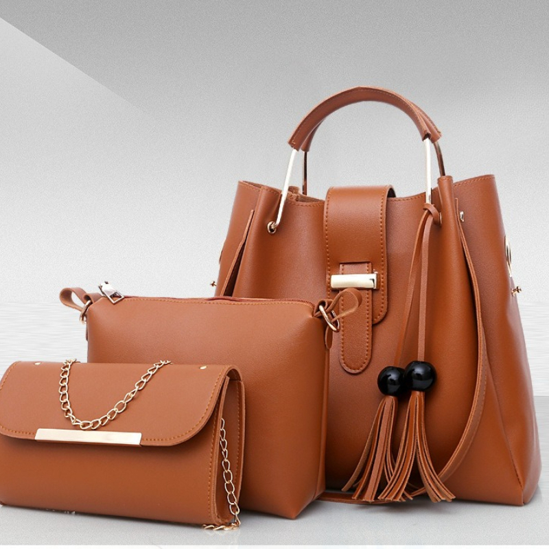 TEMU 2026 New Style Women's 3pcs Bag Set: Single Shoulder And Crossbody Bag, Fashion Handheld Bucket Bag With Tassels, Main Bag And Mini Pouch Combo