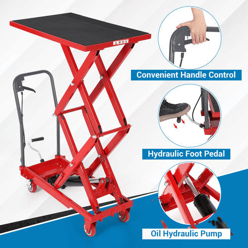 hydraulic lift table cart 770 lbs capacity 50 in lifting height double scissor lift table with 4 wheels and non slip pad for material handling and transportation red