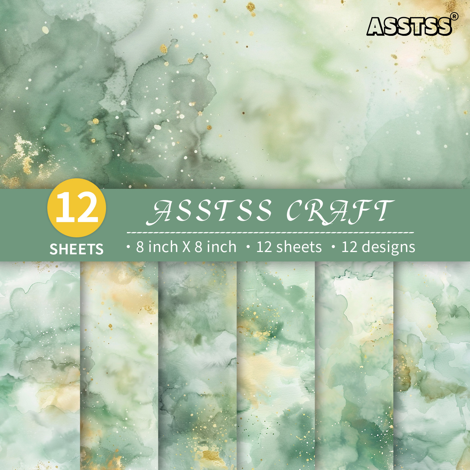 TEMU Un de 12 feuilles de papier de scrapbooking de 8X8 pouces avec un design aquarelle luxueux et feuille dorée, fabriqué à partir de carton épais