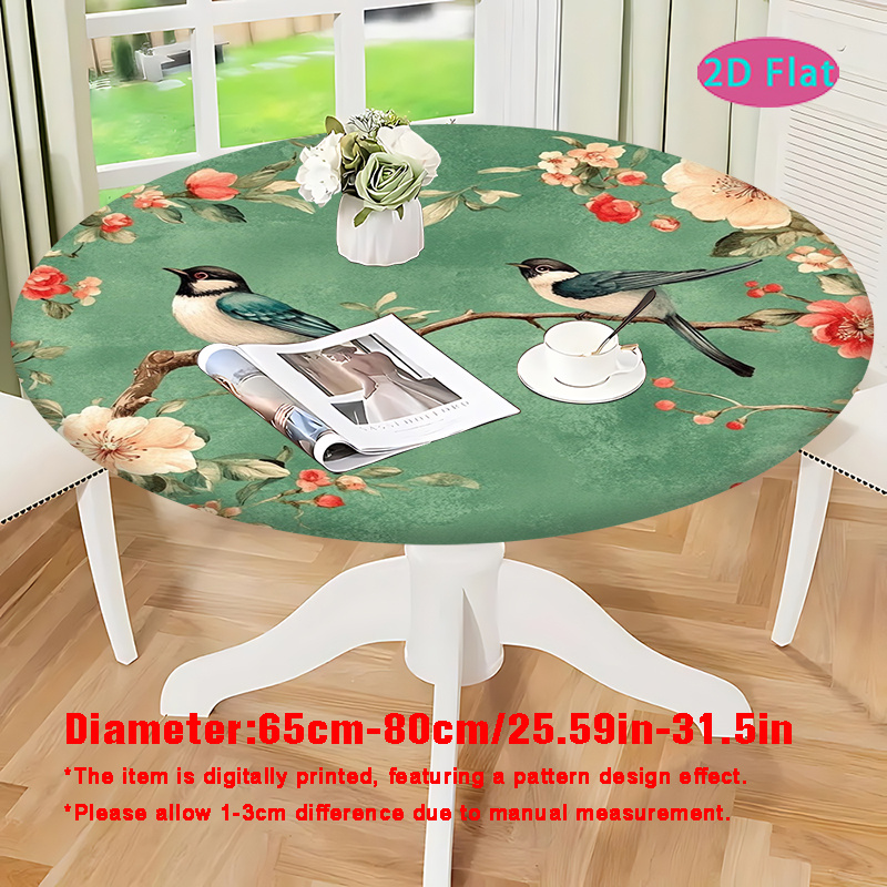 TEMU Floral And Bird Chinese Style Pattern 2d Flat Print Round Elastic Tablecloth Holiday Gift Indoor Outdoor Picnic Party Kitchen Table Decoration,