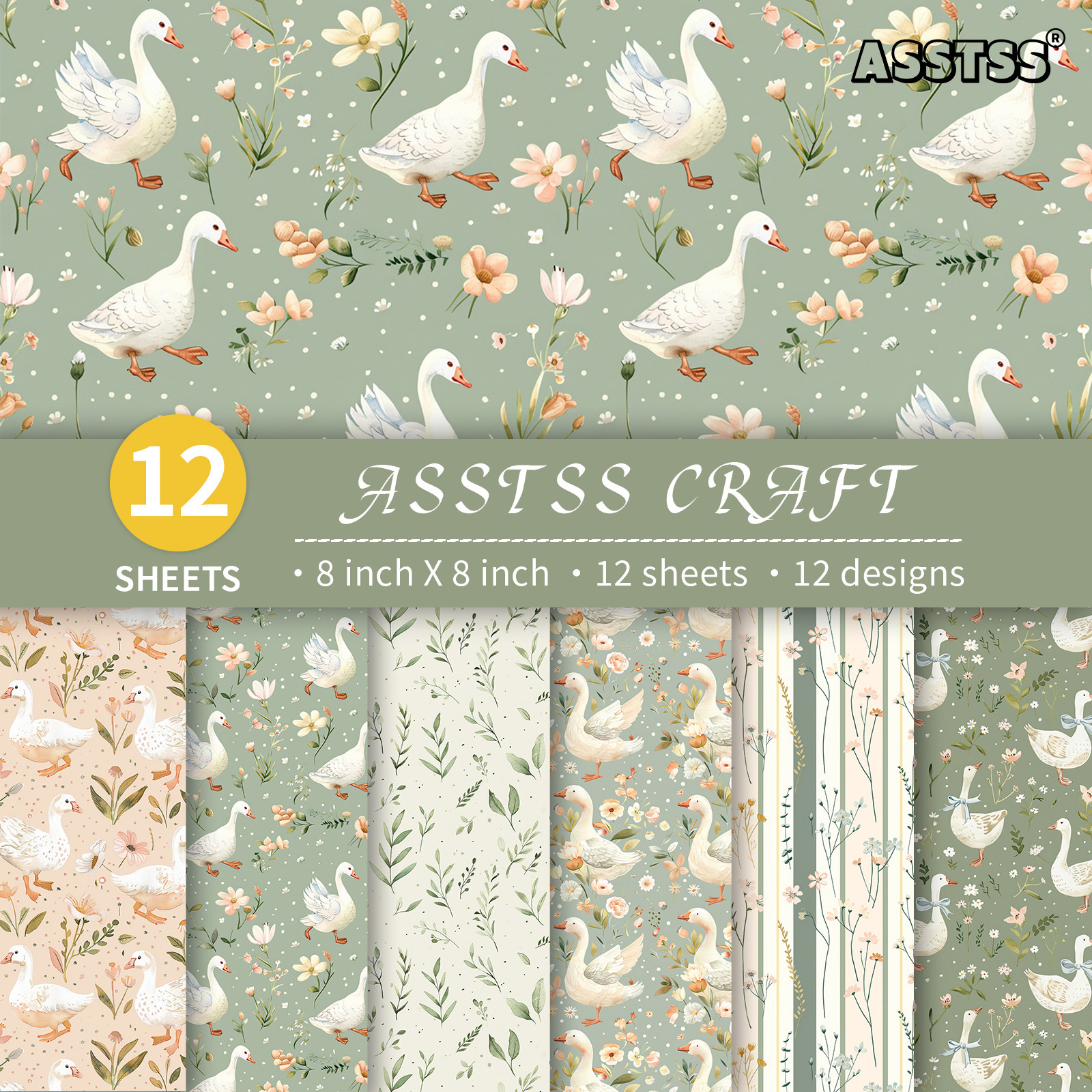 TEMU Bloc de papier de scrapbooking ASSTSS 12 feuilles 8 x 8 pouces, Oie blanche style Cottagecore, Papier de support floral et à de style , Papier