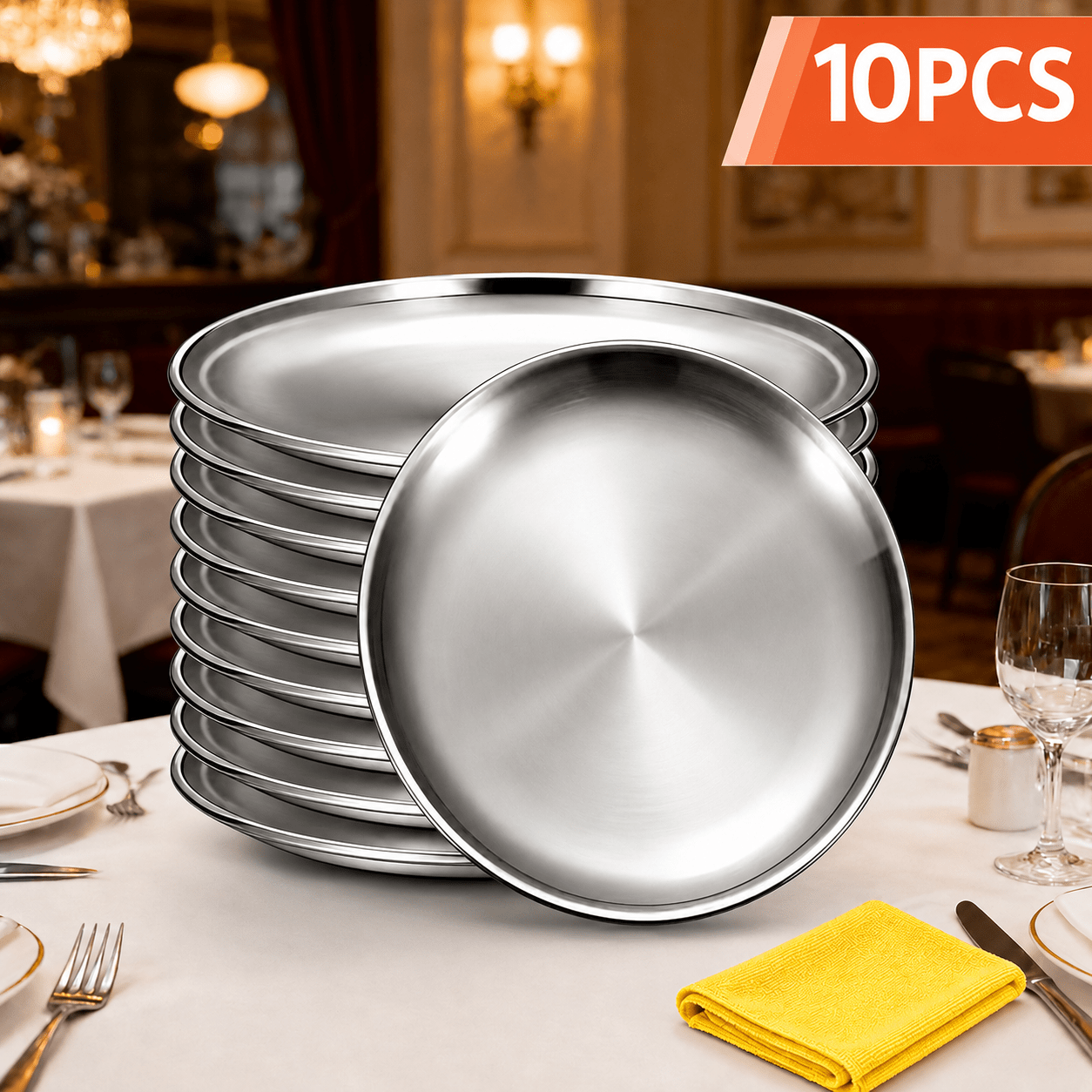 TEMU Stainless Steel Plate Set With 1 Microfiber Cloth, In 5pcs Or 10pcs Sets, Durable Bpa-free Dishwasher- Plates For Desserts, Fruits & Bbq Foods,