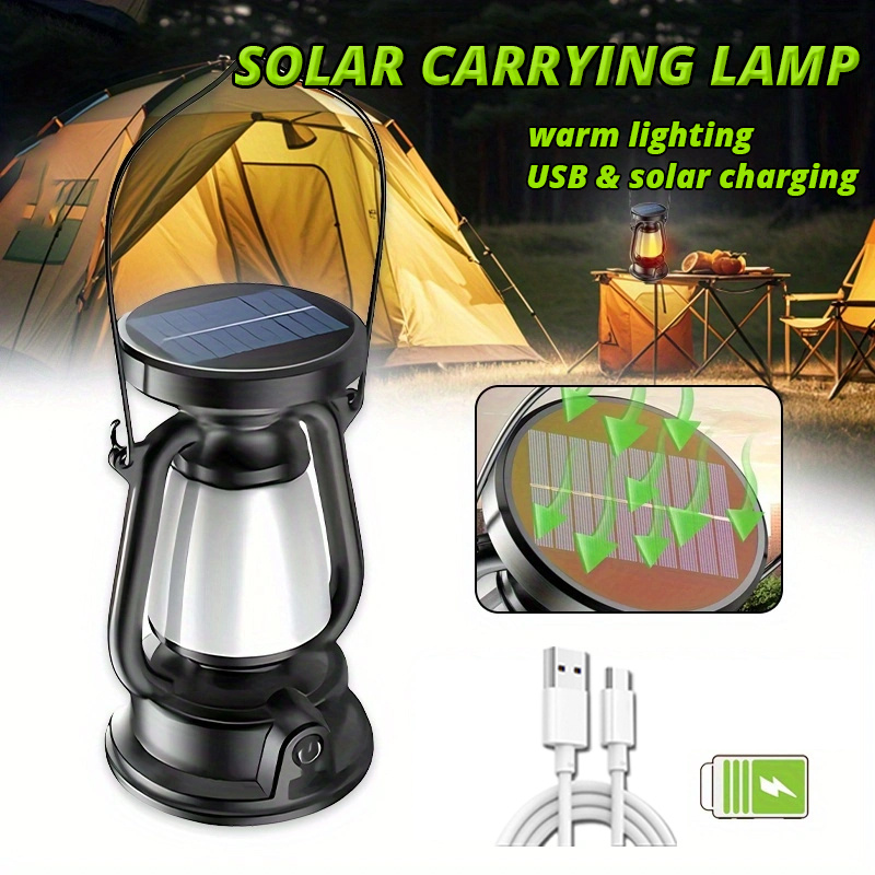 2pcs Portable LED Solar Handheld Light, LED Tent Lantern, Solar/Usb Rechargeable Work Light with Hook, Bright Night Lighting Flashlight for Camping, Hiking, Traveling, Fishing, Gatherings, And Power Outage Emergency Tools