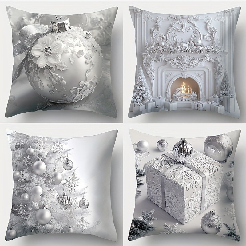 

Set Of 4 Christmas , Zippered, Washable, , For Sofa - 17.7"x17.7" - Silvery Pattern ( Not Included)