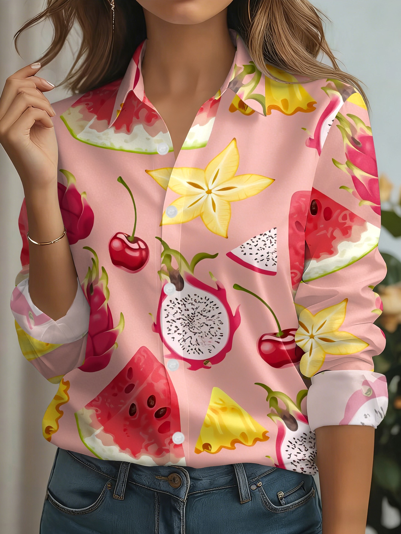 item picture 2026 new womens long sleeve shirt summer fruit print   casual   versatile regular fit daily wear blouse